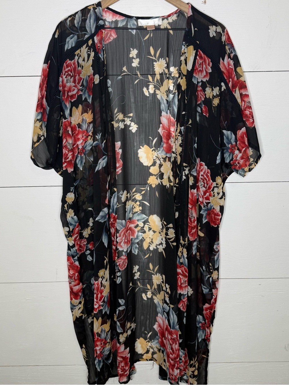 Band of Gypsies • Sheer Black Floral Kimono Cardigan Duster Size Medium